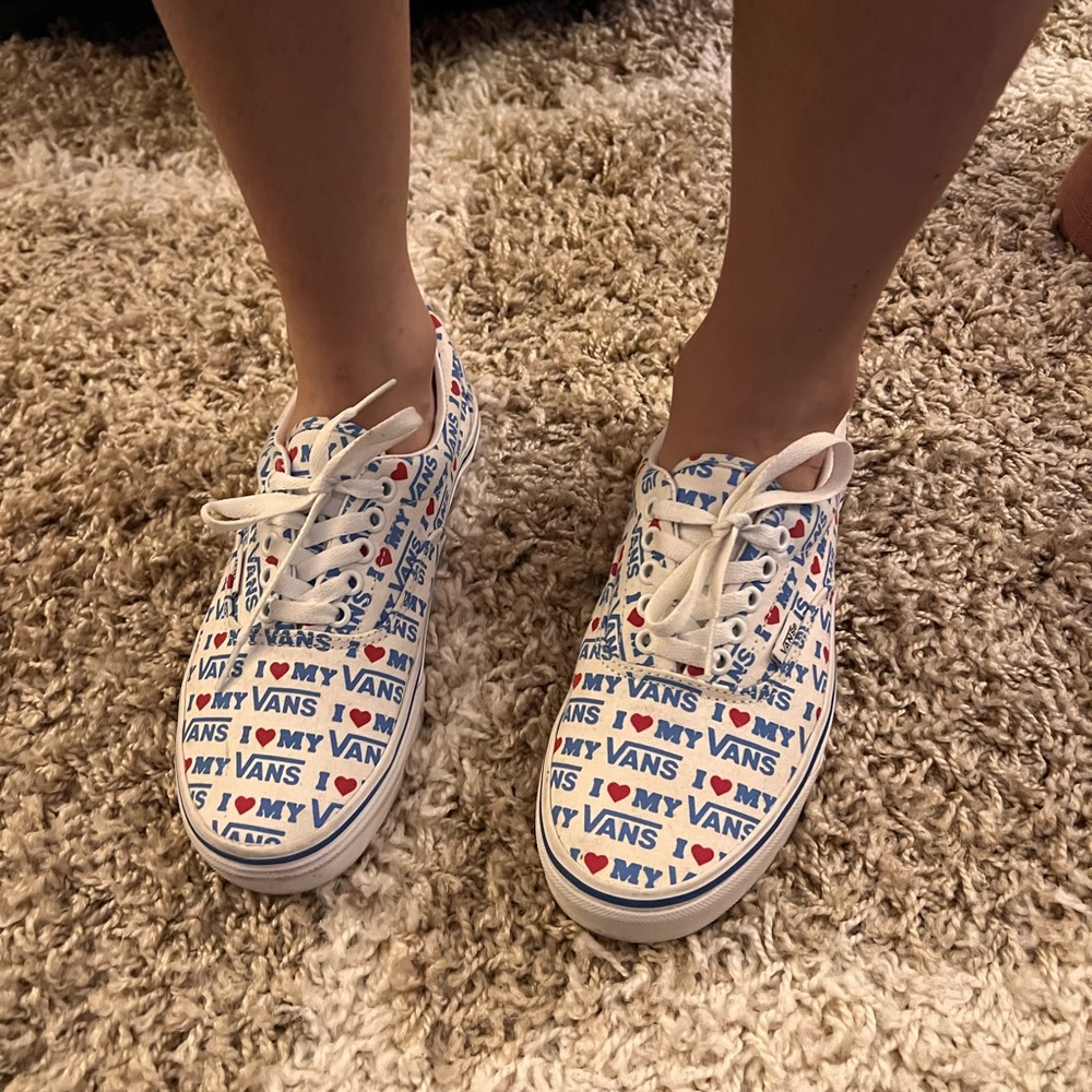 Vans White Canvas Low-Top Sneakers with Blue Text and Red Hearts - I ❤️ MY VANS